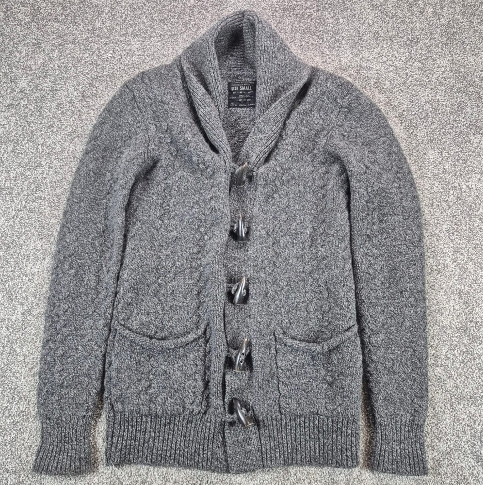 AllSaints Fife Cardigan Sweater Mens Small Gray Lambswool Cable Knit Toggle
